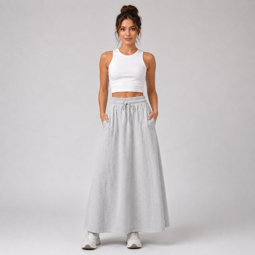 Maxi Skirt Gray Sweat Skirt S Drawstring Pockets Flared Sporty Chic Streetwear